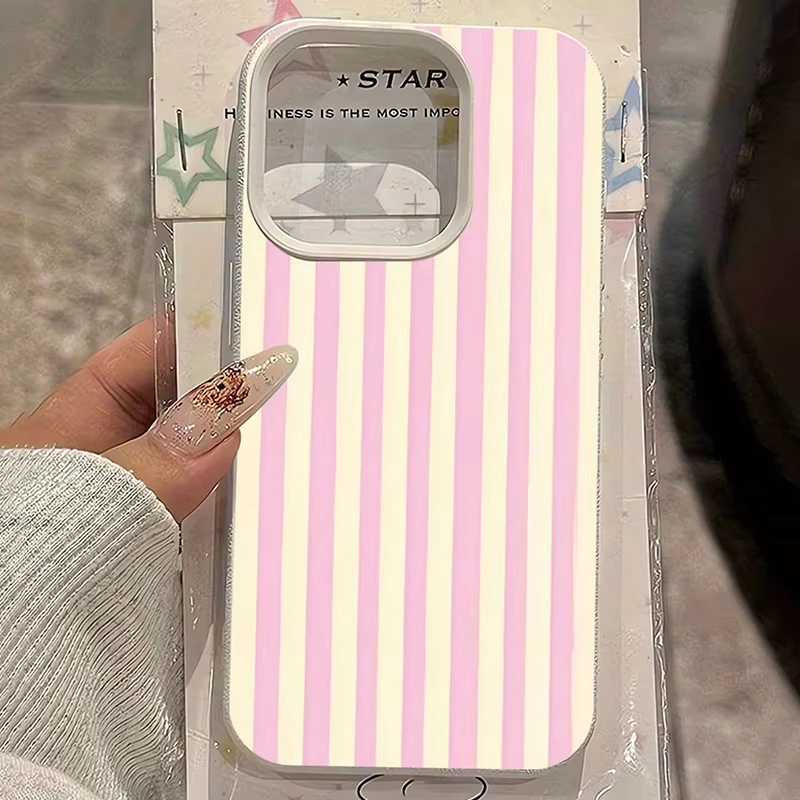 Funda de Teléfono con Rayas Verticales Rosas Simples para iPhone 17 Pro Max 16 Plus 15 Pro 14 13 12 11 XS XR 17Air, Cubierta Suave con Textura de Lichi