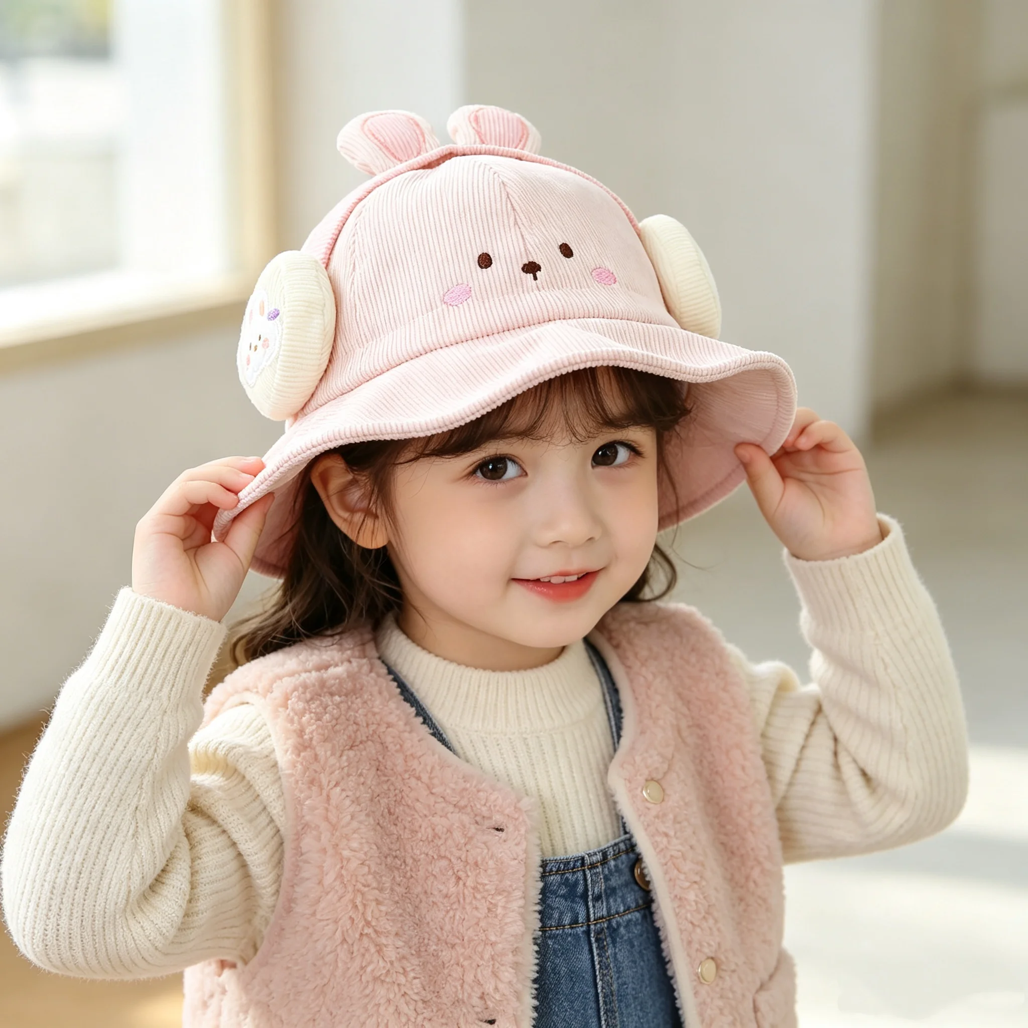 Children's Autumn and Winter Corduroy Fisherman Hat, Cute Cartoon Animal Ear Protection Bucket Hat, Outdoor Warm Sunshade Hat for Girls Aged 2-5, Available in Multiple Colors
