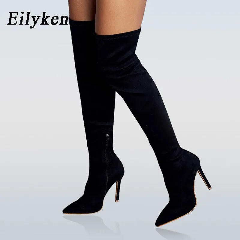 Eilyken Sexy Fashion Pointed Toe Over-The-Knee Boots Women Red Zipper High Heels Shoes Winter Striptease Motorcycle Long Botas