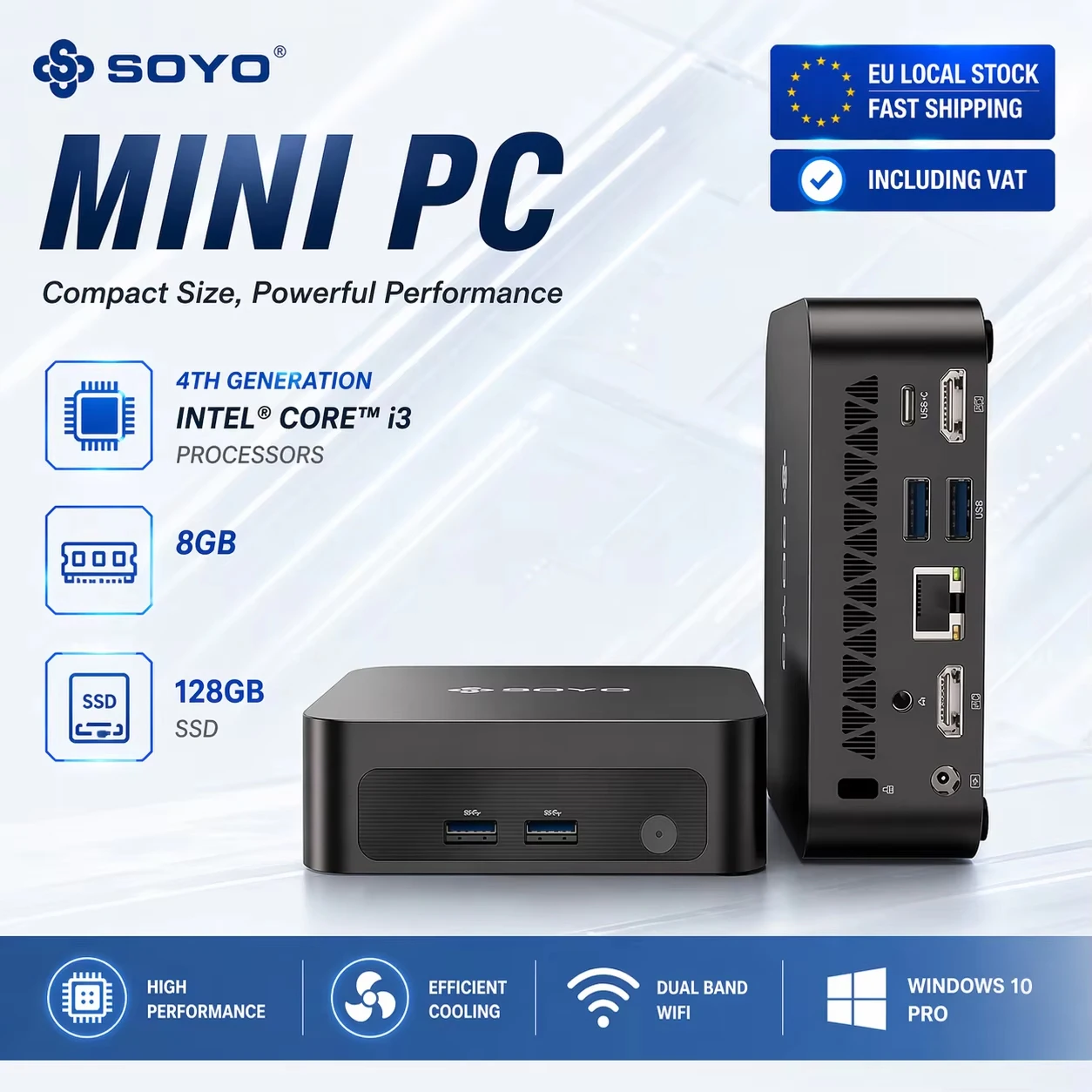 SOYO Y5 Mini-PC Intel i3-4030U Prozessor 8 GB RAM 128 GB SSD Windows 10 PRO Bluetooth WIFI5 Unterstützt 4K-Display Mini-Computer