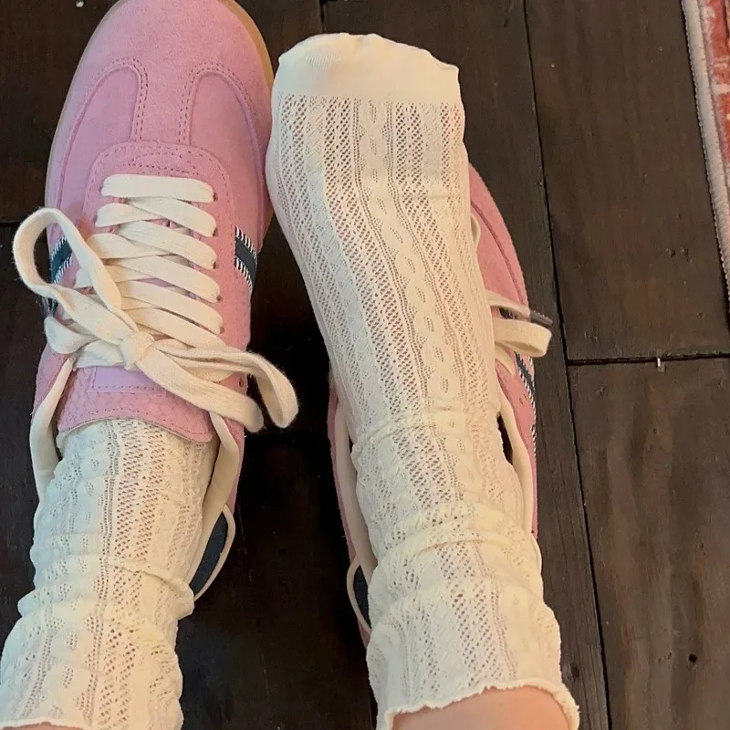 ถุงเท้าผู้หญิงน่ารัก 3 คู่ สไตล์คาวาอี้ สำหรับฤดูใบไม้ผลิและฤดูร้อน ถุงเท้าตาข่ายโปร่ง สีพื้น สไตล์ฮาราจูกุ ย้อนยุค วินเทจ ถุงเท้ายาว