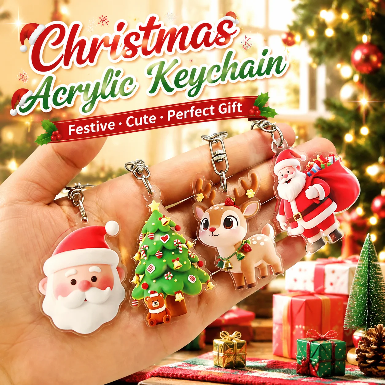 17/34/68Pcs Acrylic Santa Snowman Deer Theme Keychain Pendant for Christmas New Year Carnival Party Gift Gift Bag Pinata Filler