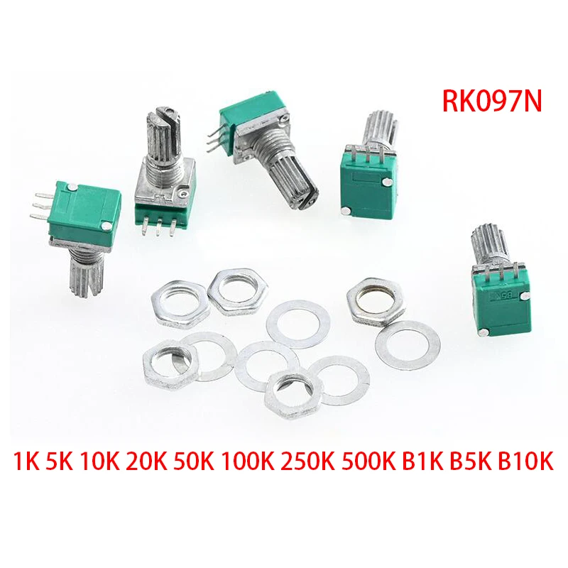 

5pcs RK097N 1K 5K 10K 20K 50K 100K 250K 500K B1K B5K B10K with a switch audio 3pin shaft 15mm amplifier sealing potentiometer