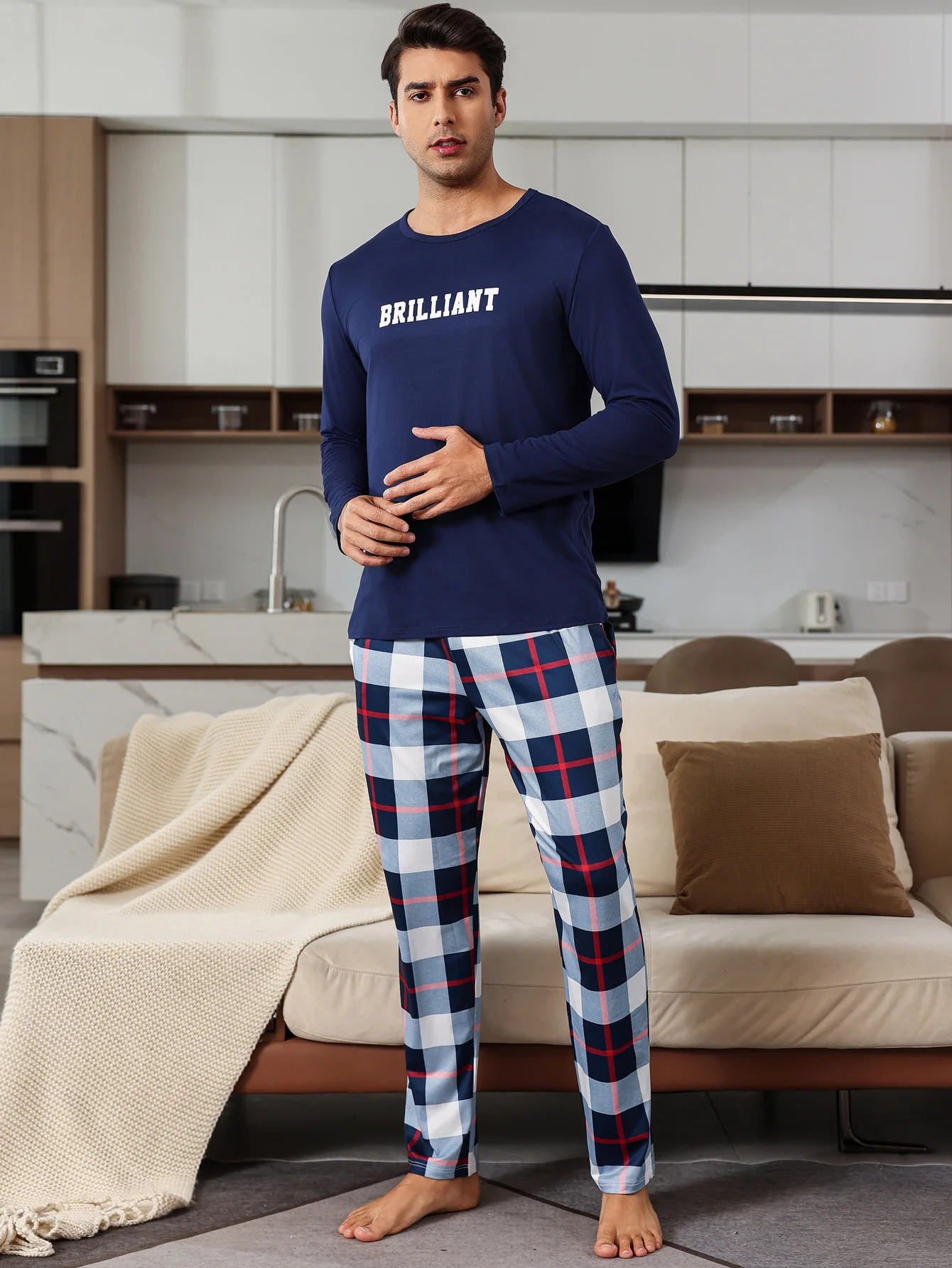 

Men's Pajamas Long-sleeved Trousers Set Printed Plaid Casual Outfit for Home