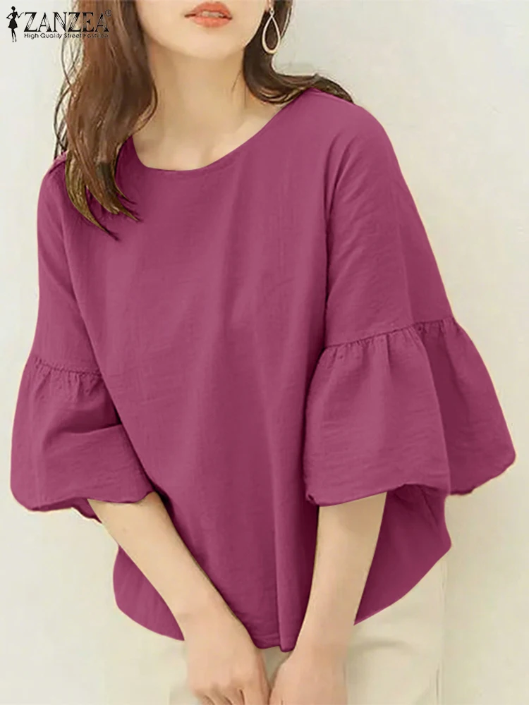 

ZANZEA, осенне-летние блузки, повседневные однотонные топы с круглым вырезом, элегантная рабочая рубашка с расклешенными рукавами 3/4, 2025 г., женская блузка, женская сорочка Mujer