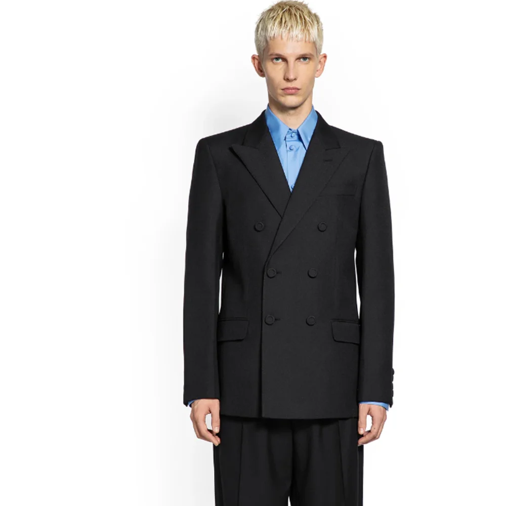 

Men’s Classic Black Buisness Party Suits 2 Piece Jacket Pant Sets Double-Breasted Peak Lapel Straight Loose Male Clothing