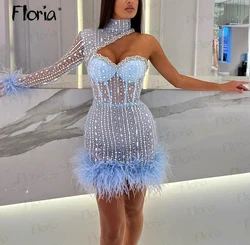 Feather Blue Short Cocktail Dress Chic One Long Sleeve Beaded Mini Prom Party Dresses Graduation Celebrity Dresses Birthday Wear