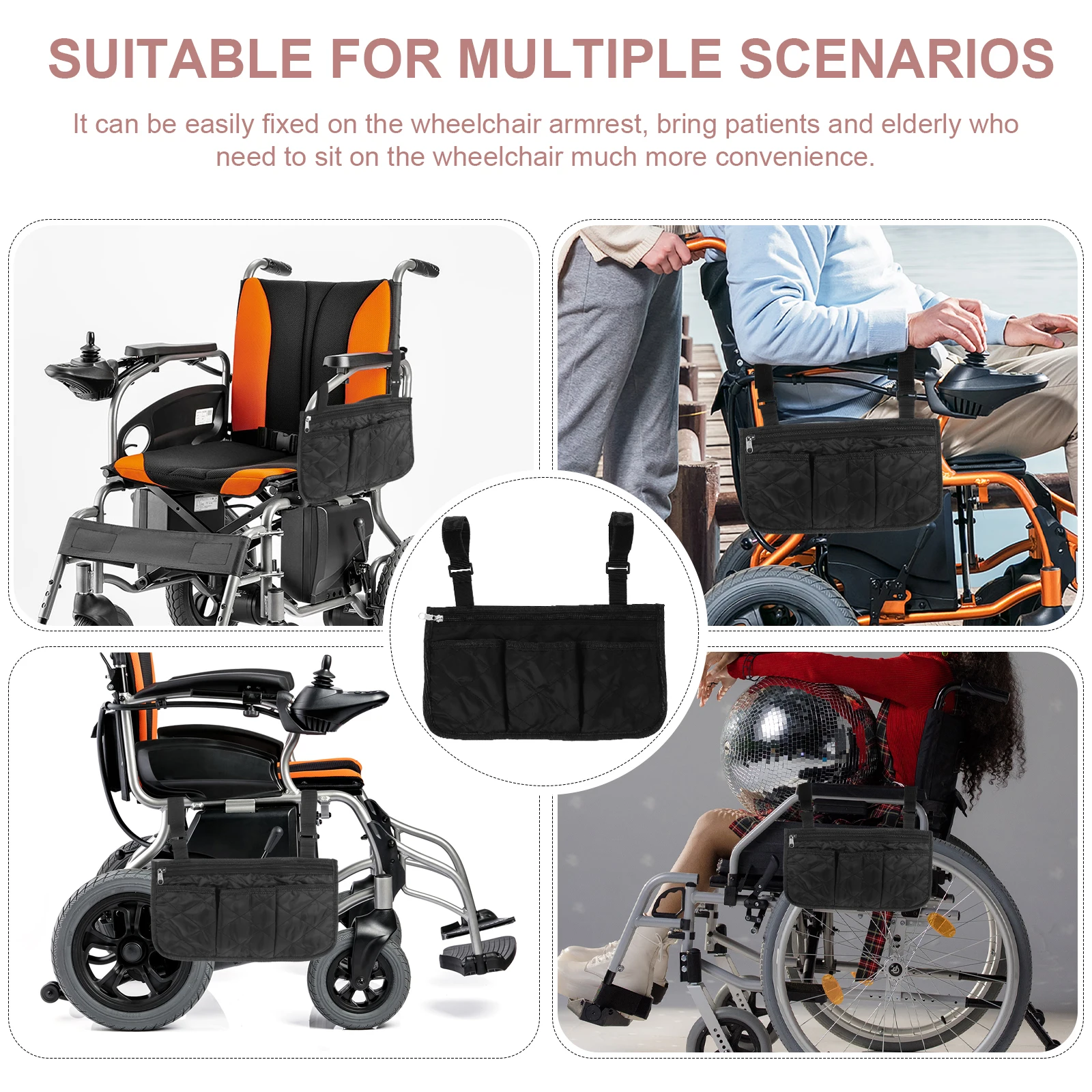 

2Pcs Wheelchair Bag Spacious Everyday Essentials Carrier Secure Fit for Most Wheelchairs Rollers Scooters Hanging Side Pouch
