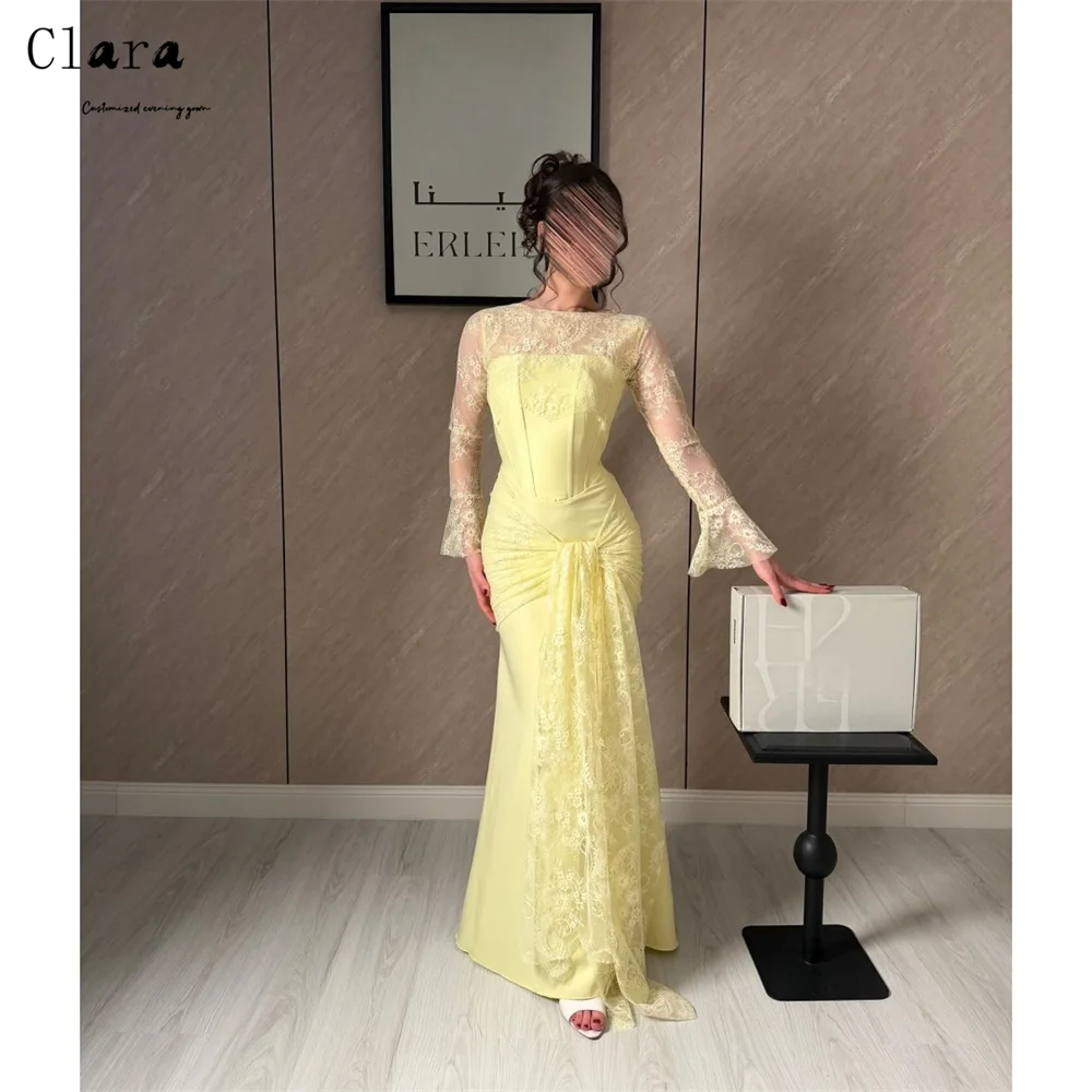 

Clara Custom Yellow Lace Fishtail Long Sleeves Evening Dresses Woman Elegant Cocktail Dresses 2025 Woman Luxury Evening Dress