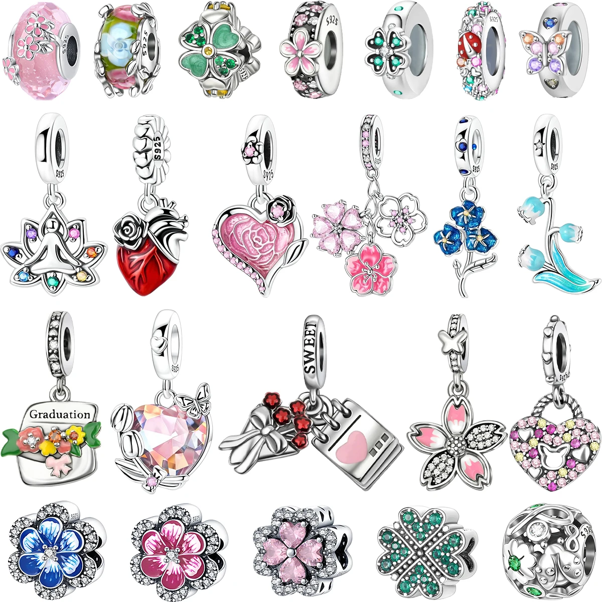 

Romantic 925 Sterling Silver Cherry Blossoms Charms Bell Orchid Four Leaf Clover Beads for Women Bracelets Necklace Jewelry Gift