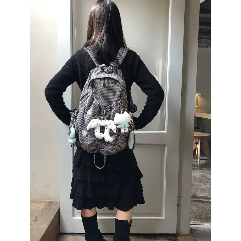 

Black & White Gingham Drawstring Backpack with Plush Charms, Kawaii Y2K Style Rucksack, Casual Student School Bag for Women