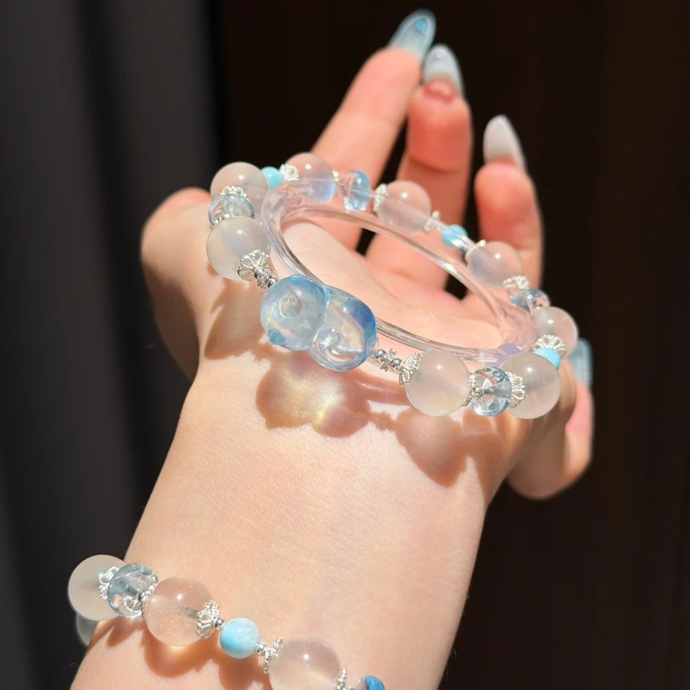 Natural Aquamarine Cat And Topaz Moonstone Bead Bracelet Women Reiki Healing Strand Bangles Jewelry For Female Gift 1PCS