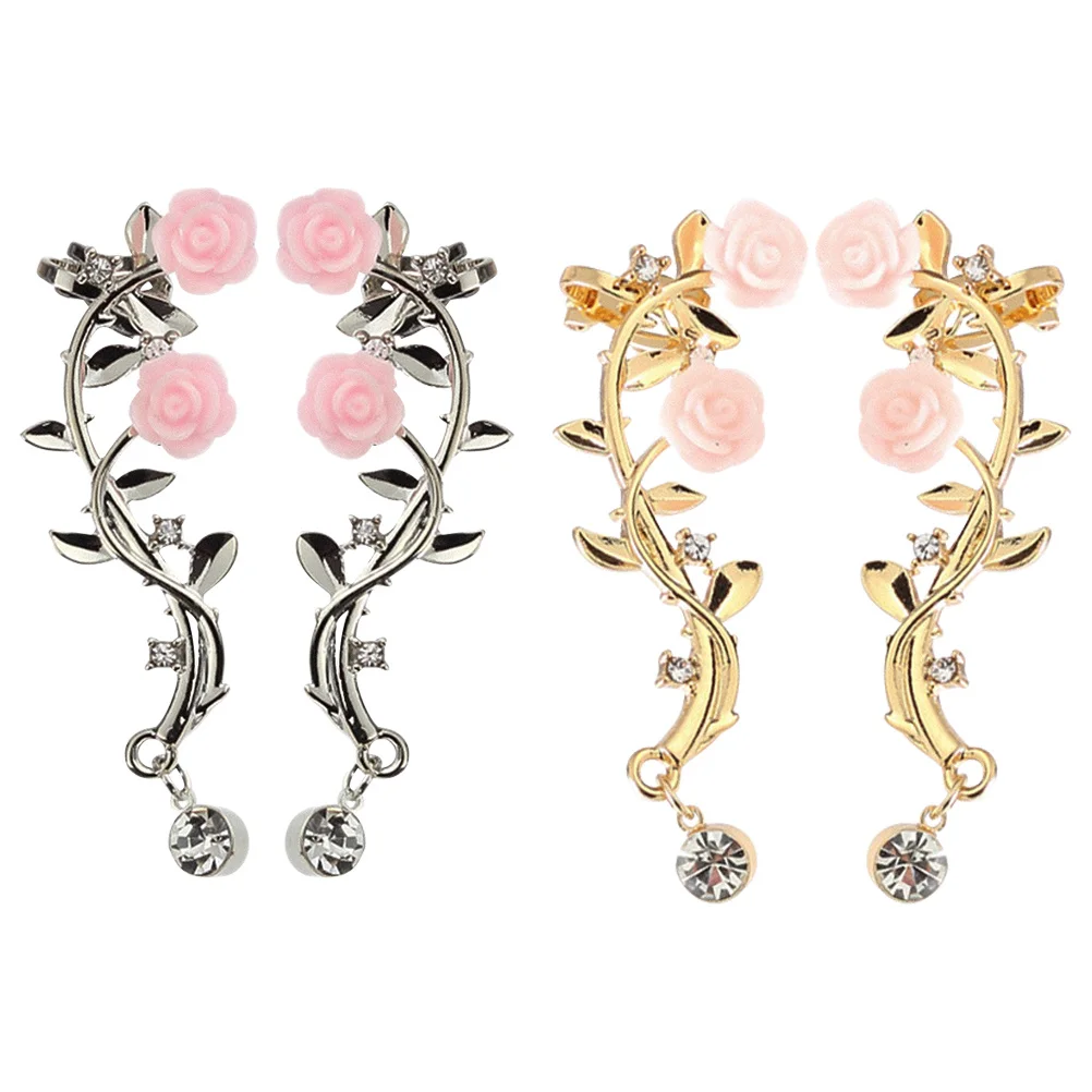 

2Pairs Elegant Rose Shaped Ear Clips Women Fashion Accessory Lightweight No Odor Skin Friendly Ear Bone Clip Women Earring