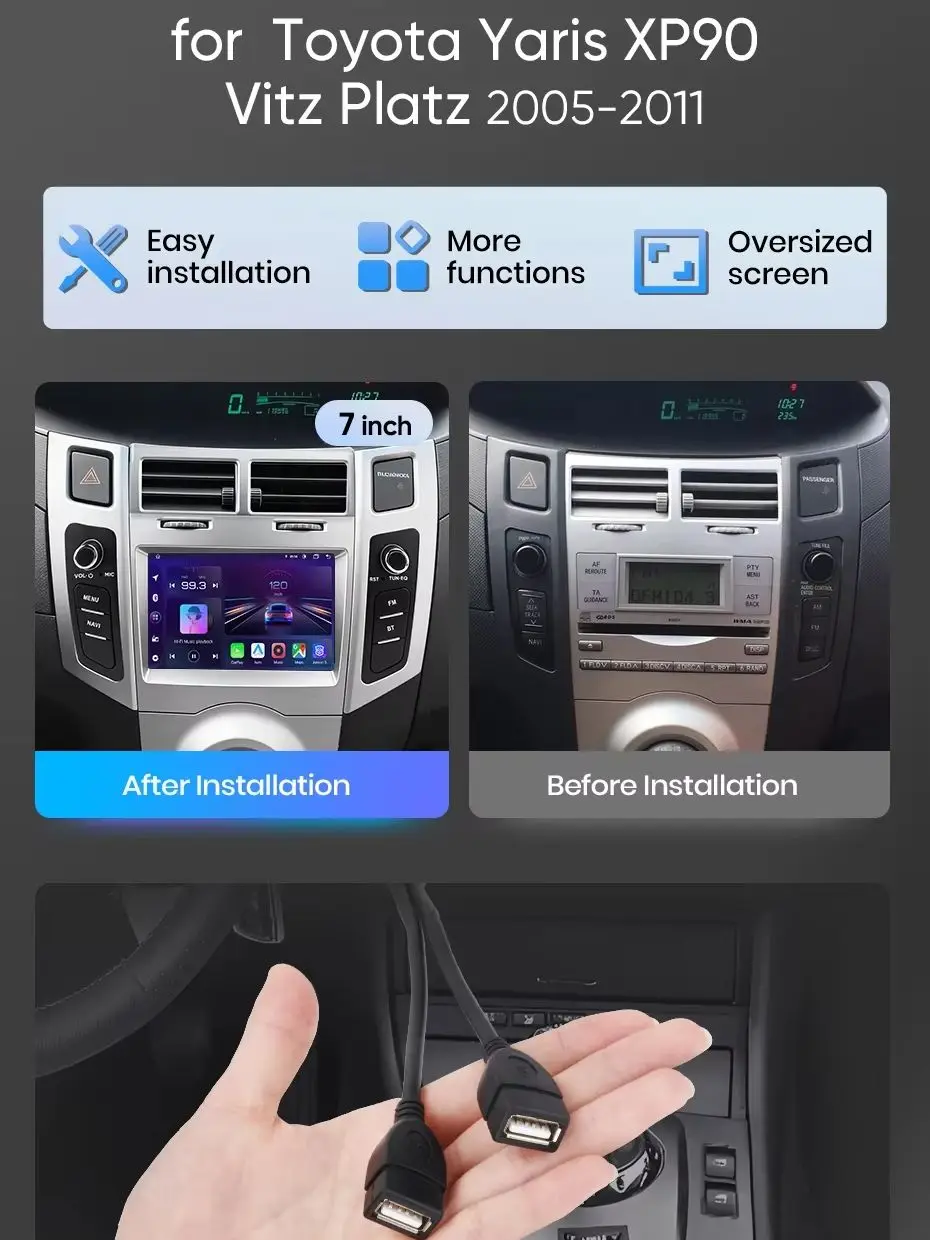 AWESAFE Bezprzewodowy CarPlay Android Auto do Toyota Yaris XP90 Vitz Platz 2005-2011 Radio Samochodowe Odtwarzacz Multimedialny Stereo Wi-Fi Nawigacja GPS 2 Din Autoradio Inteligentne Systemy — 2