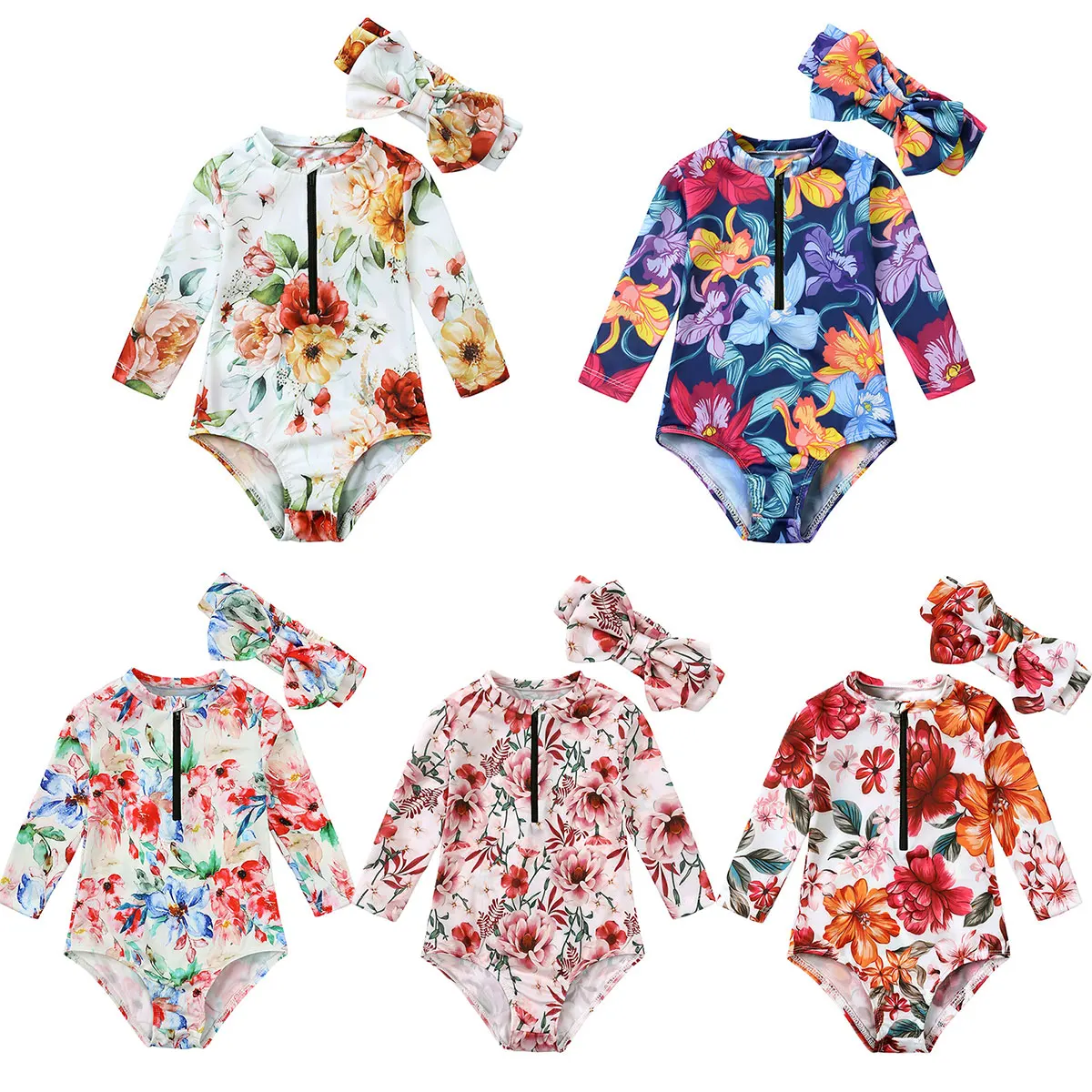 

Ins Fashion Floral Swimwear for Baby Girls 6-18M Infant One-piece Long Sleeve Rash Guard Bathing Suit With Headband Zipper UV