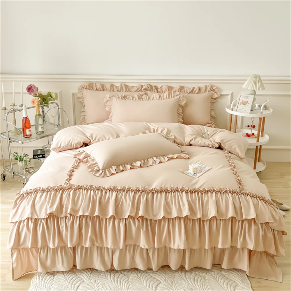 

Ruffle Duvet Cover Bedding Sets Princess Style Queen Soft Microfiber Solid Color Duvet Cover Set Bed Sheet Pillowcases for Girls