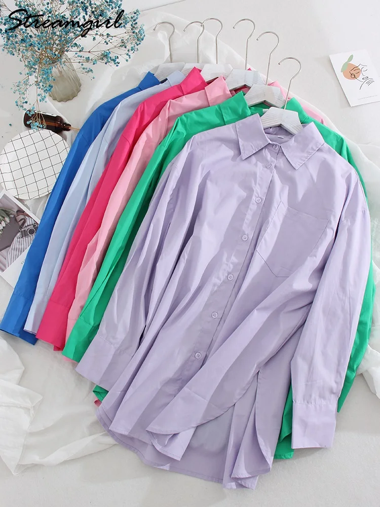 Long Purple Oversized Shirts For Women Long Sleeve Cotton Tops Boyfriends Loose Elegant Shirts Women Blouses Yellow Oversized