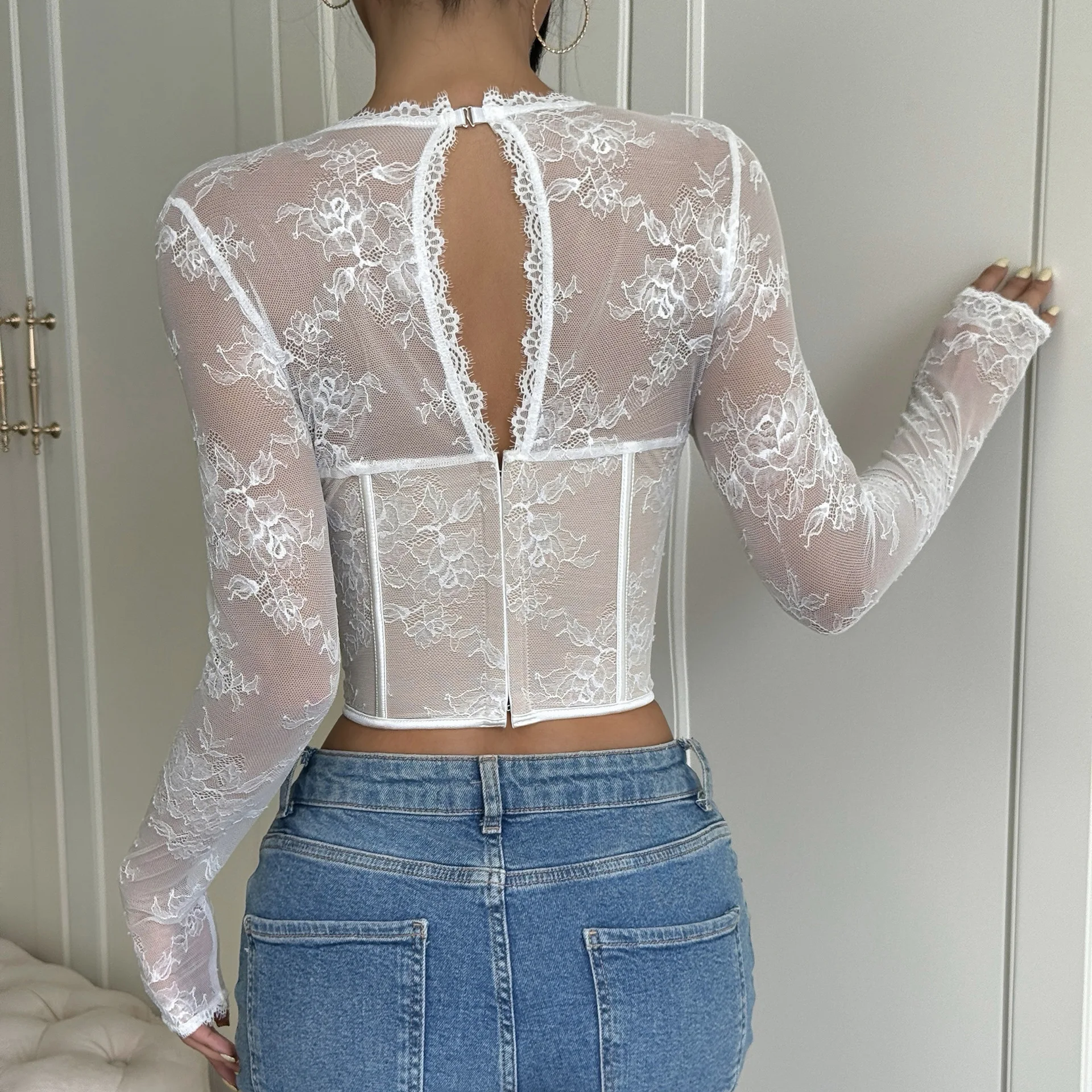 white lace cropped t-shirt Women push up corset tops back perspective Long sleeve blouse sexy square collar female fairy clothes