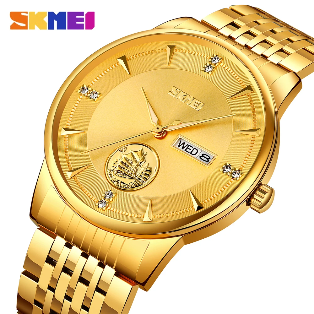 

Men's Watch Business Gold Smooth Sailing Original Dial Waterproof Stainless Steel Quartz Wrist Watches Male Week Date Clock