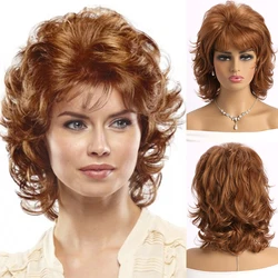 Women's Fashion Light Brown Curly Wigs with Bangs Soft Healthy Heat Resistant Synthetic Loose Wave Hair Mommy Daily Party Wigs