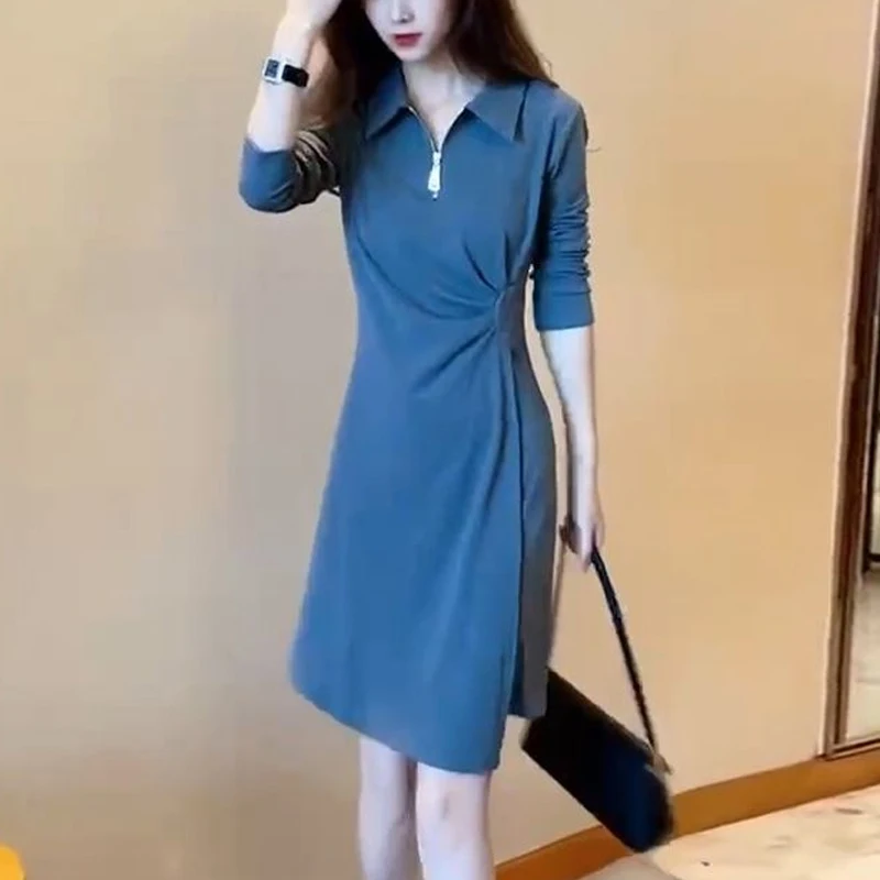 

spring autumn Solid color midi dress women POLO collar fashion Long Sleeve dresses elegant zipper patchwork Pleated Vestidos