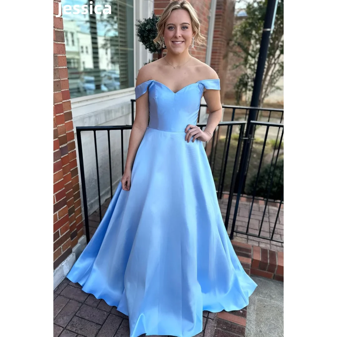 Jessica Light Blue Prom Dresses A-line Satin Women's Evening Dresses Sexy Off-the-shoulder Elegant Cocktail Dresses