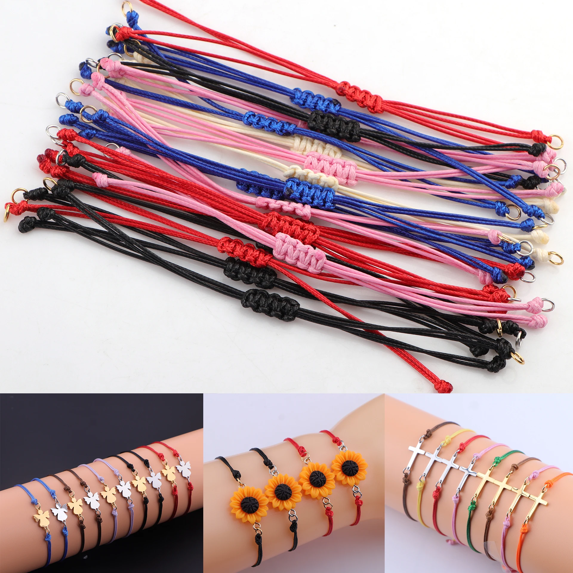 20pcs/lot Wax Thread Braided Handmade Bracelets Adjustable Slider Bracelet Link Rope with Stainless Steel Jump Rings DIY Jewelry gallery 5