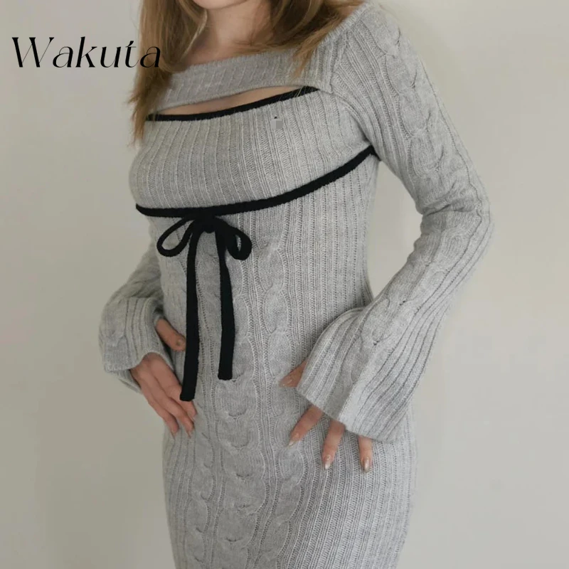 Wakuta Japanese Spring Autumn Harajuku U-neck Hollow Splicing Dresses Sweet Grey Side Split Knitted Vestidos De Noche Juveniles