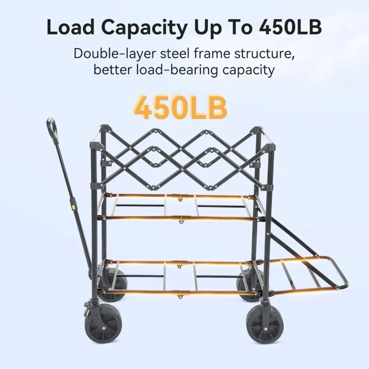 Wagon Cart, 400L Foldable Double Decker Wagon, 450lbs Heavy Duty Garden Cart, 47'' Extra-Long Extender, Large Capacity