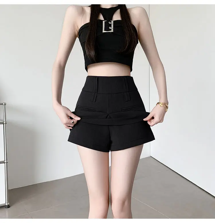 Summer New Solid Color High Waisted Fake Two-Piece Skirt Pants for Women, Elegant and Fashionable British Style Slim Fit Shorts