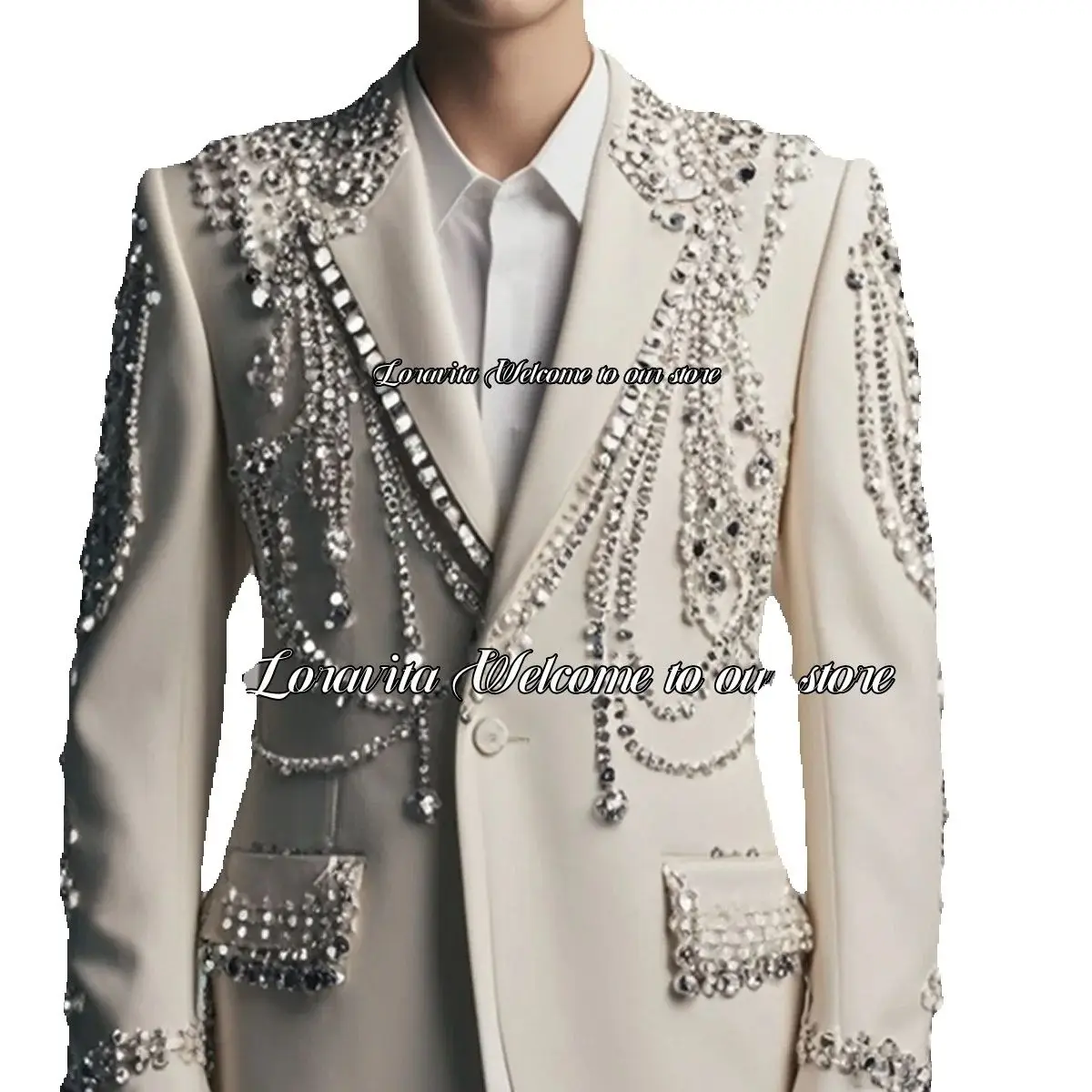 

Customized 2 Pieces Male Prom Blazer Wedding Dinner Costume Homme Luxury Beaded Crystals Men Suits Peaked Lapel Groom Tuxedos