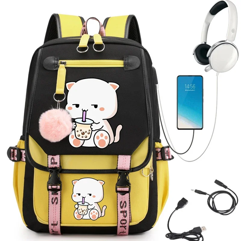 Mochila Cartoon para Meninas Adolescentes, Boba Tea, Bubble Tea, Mochilas Escolares para Mulheres, Kawaii, Viagem, Anime Mochila, Multi Bolsos