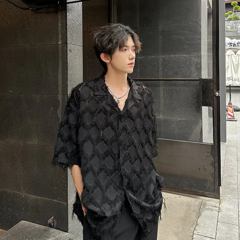 WVGA Summer New Man Tide Tassel Solid Color Versatile Trendy Short Shirts Niche Chic Casual Turn-Down Collar Tops Ins Y2K W21228