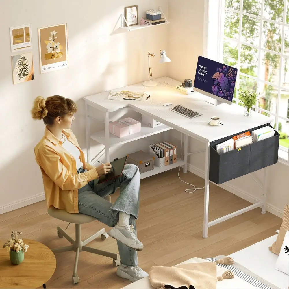 

40 Inch Small L Shaped Desk With Storage Shelves Side Bag, Computer Desk With Power Outlets, Reversible Desks With XShaped Supp