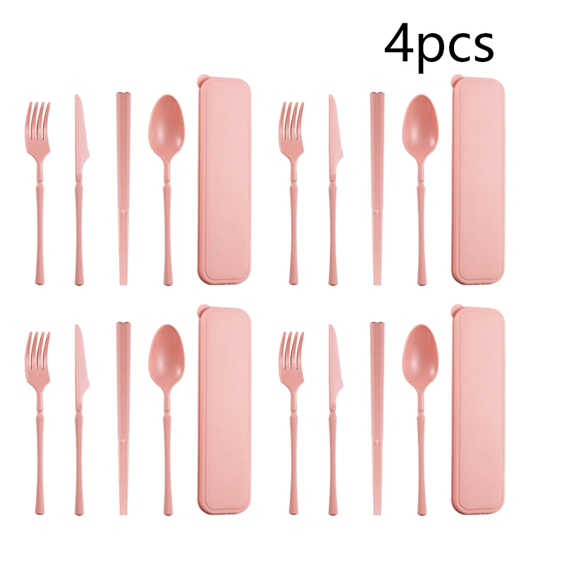 Juego de vajilla de material plástico, cuchillo, tenedor, cuchara y palillos, color rosa, adecuado para viajes, escuela, oficina, 1/2/4 Uds.