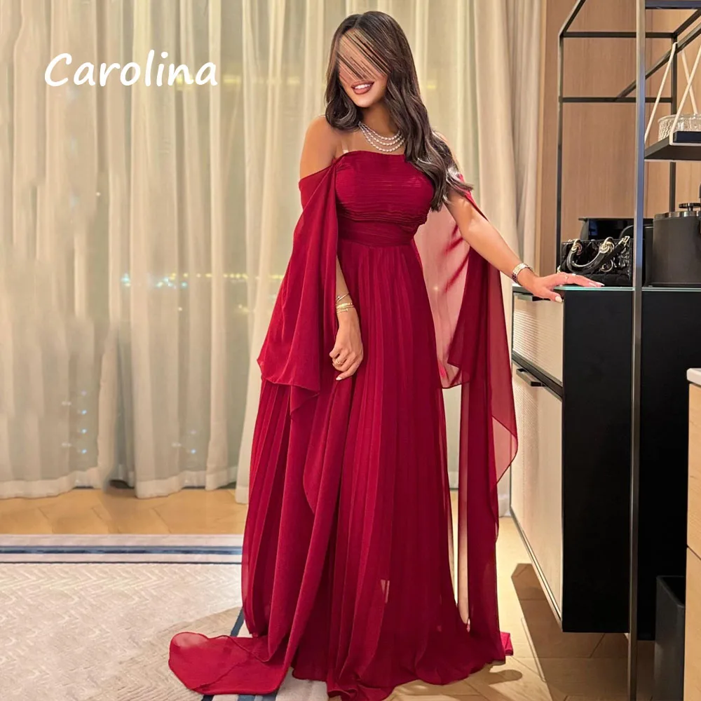 Carolina Slim Off The Shoulder Pleated Chiffon A-Line Prom dress 2024 Long Sleeve Floor-Length Formal Evening Dress