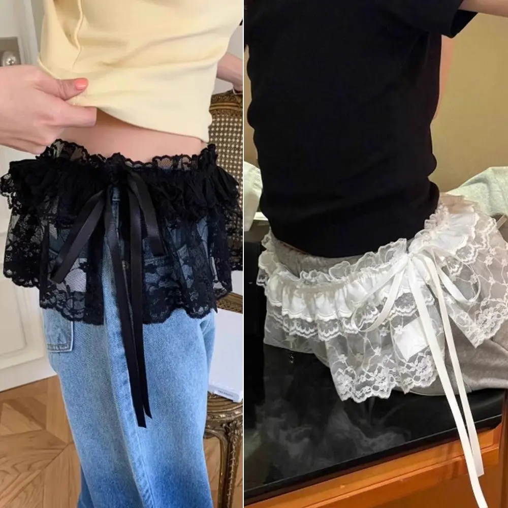 Nueva minifalda de encaje con flores bordadas, falda transparente con volantes y cordones Harajuku, ropa de calle Y2K, faldas fruncidas, decoración de pantalones vaqueros
