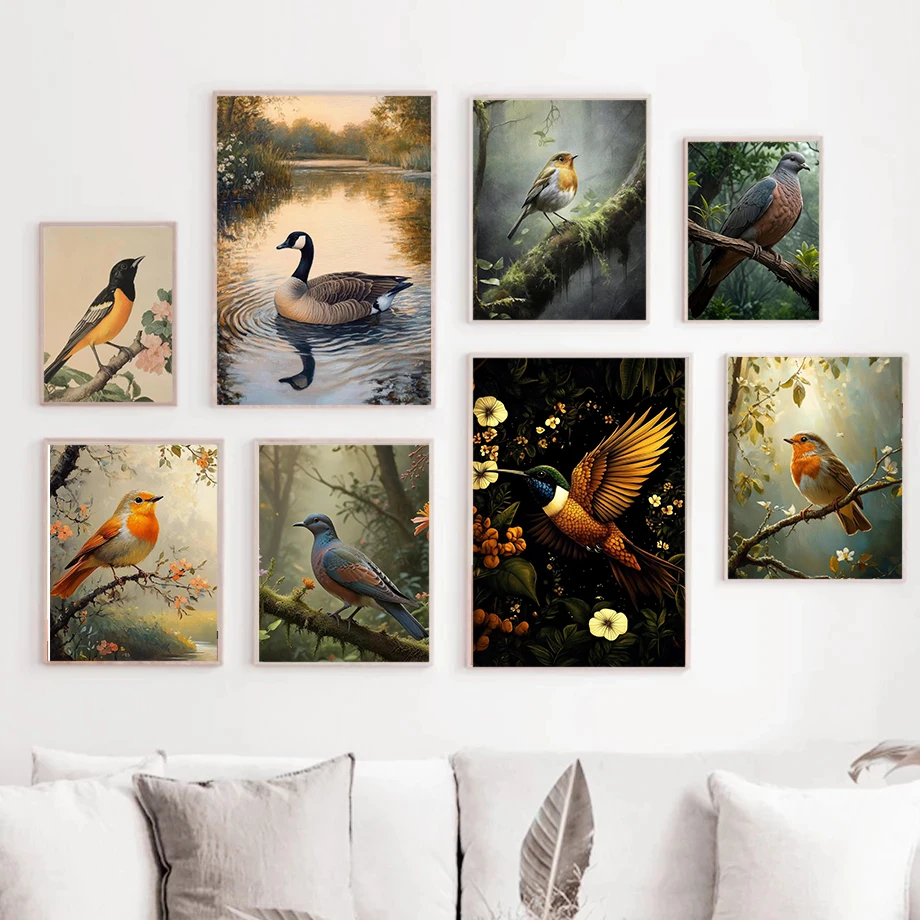 Bunte, realistische Poster mit Tauben, Kolibris und Mockingbirds im Wald, bedruckte Leinwandbilder für Schlafzimmerwanddekoration.