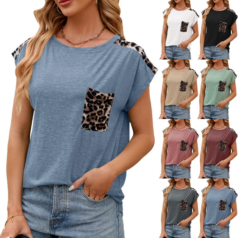 

2025Popular2025Popular European and American New Spring and Summer New round Neck Short Sleeve Leopard Splicing Pocket LeisureTT