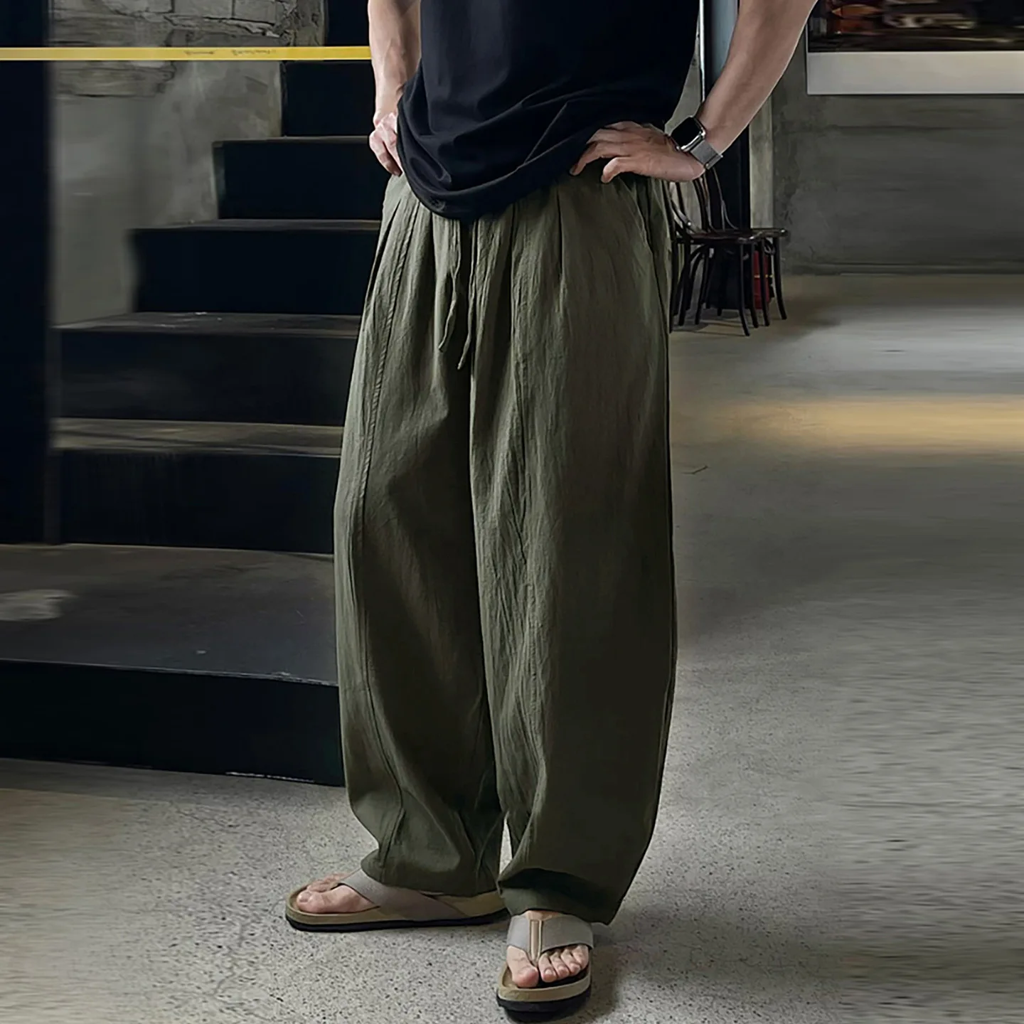 

Korean Style Men's Solid Color Cotton Linen Green Black Casual Simple Basic Loose Trendy Wide Leg Trousers Male Clothes Pants