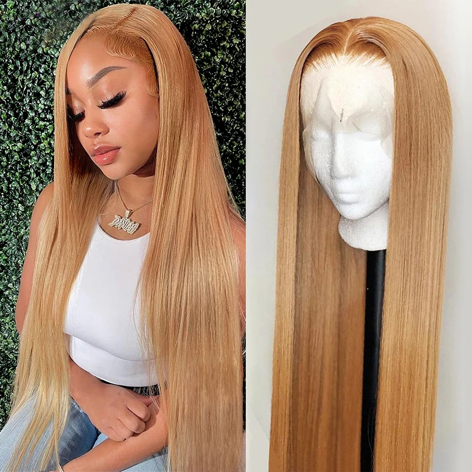 27 # Honey Blonde Colorido Cabelo Humano Lace Frontal Perucas Osso Em Linha Reta 13x4 HD Pré Arrugado Transparente Lace Front Cabelo Humano Perucas