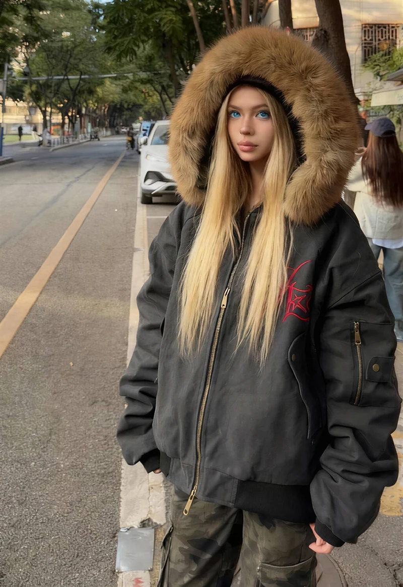 Parkas Womens Y2K Autumn Drawcord Double-Pocket Layered Maillard Multi-Color Rainbow Tie-Dye Timeless Edgy Fashionable Colorful