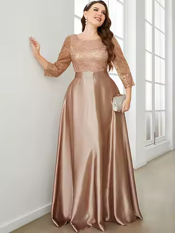 Plus Size Satin Gown with Sequin Bodice, Long Sleeve Round Neck Formal Evening Dress