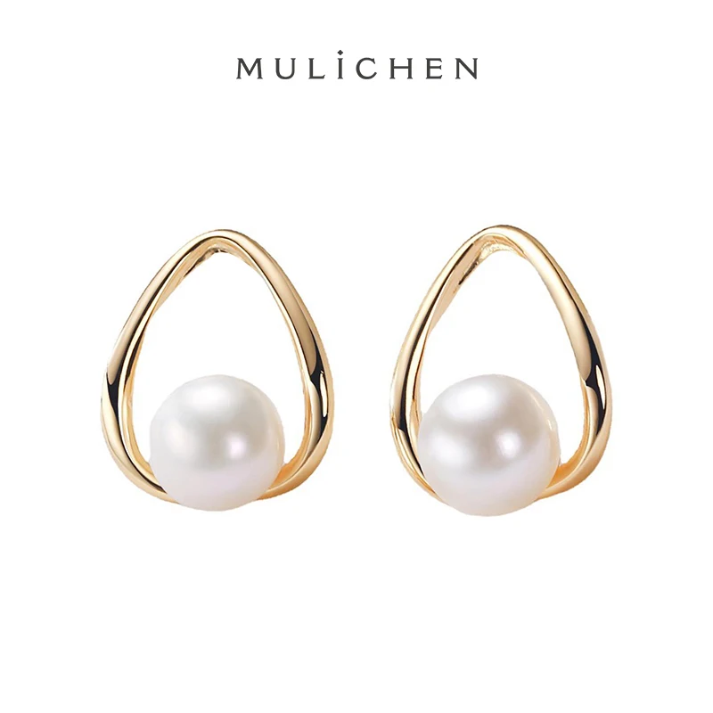 

MULICHEN 7-8mm White Freshwater Pearl Girls Earrings Geometric Drop Shape Metal Exquisite Earrings Wholesale