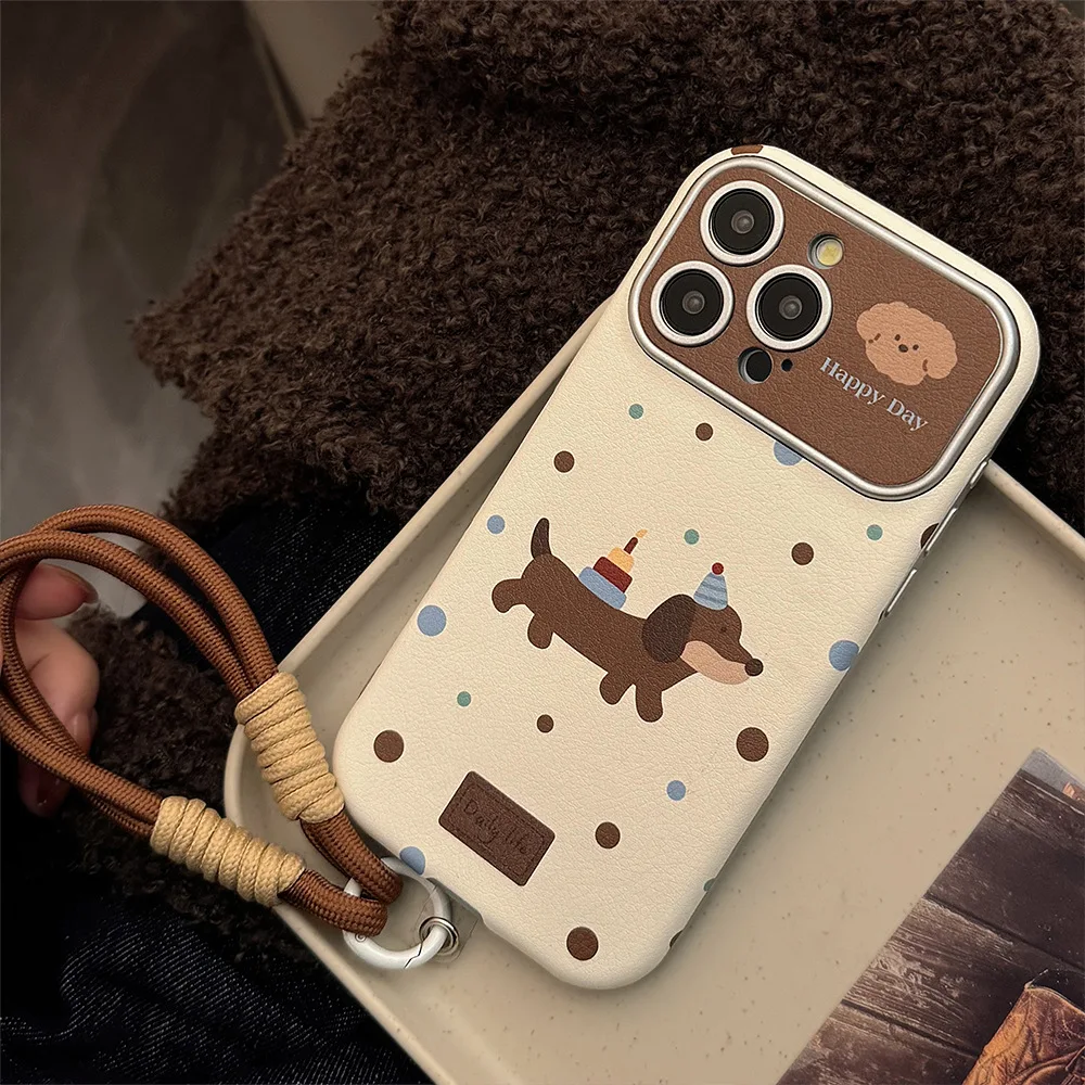 Happy colorful dog leather 3D cover bracelet phone case for iphone 13 14 16 pro max 15 promax ins cute puppy back cover