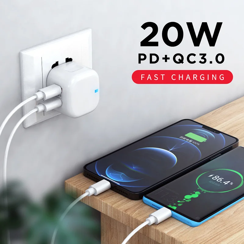 حار بيع المملكة المتحدة الولايات المتحدة الاتحاد الأوروبي PD شاحن عالمي 20 واط USB C الجدار محول المزدوج ميناء شاحن الهاتف المحمول نوع-C QC3.0 OTP حماية