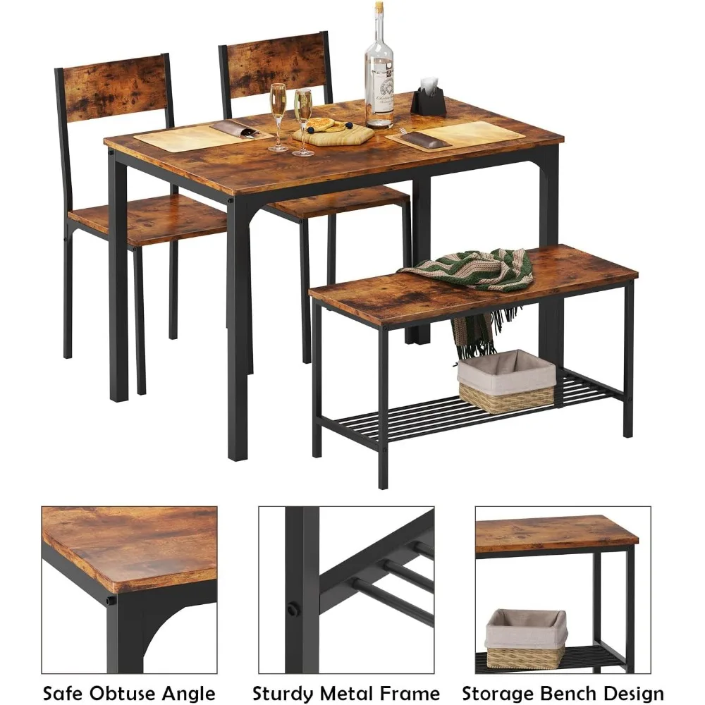 4 Person Dining Table Set, 43.3inch Kitchen Table Set for 4,Dining Room 2 Chairs with Backrest, 2-Person Bench with Storage Rack