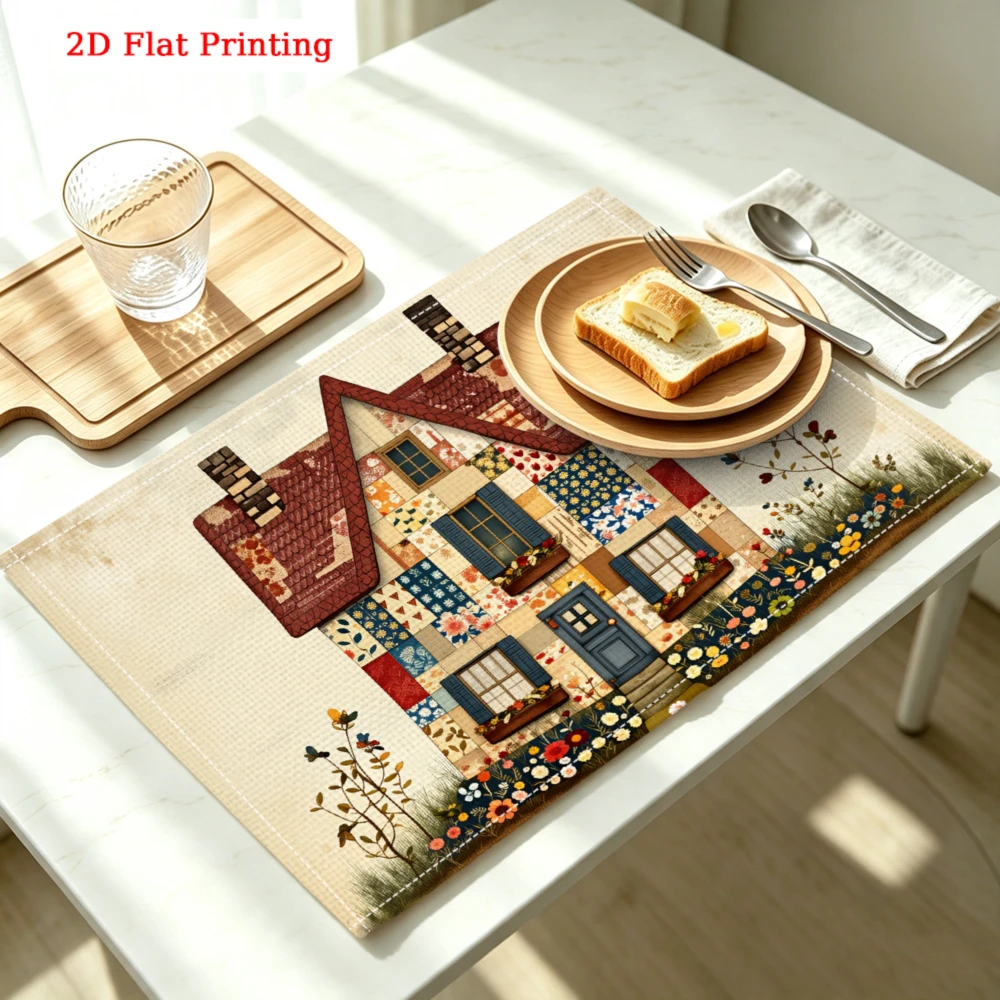 Patchwork House Design Kitchen Placemat Quilted House Design Linen Pad Dish Coffee Cup Table Mat 1PC 30x40cm