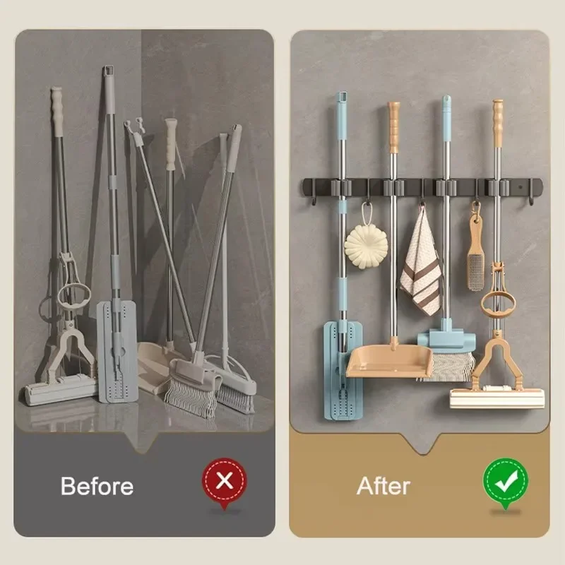Wall Mounted Stainless Steel Mop Holder No Drilling Mop Broom Organizer Storage Rack Porous Broom Hanger Cloth Hook - view 3