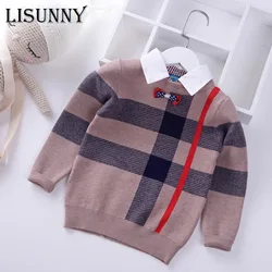 2024 Shirt collar Boys Sweaters Baby stripe Plaid Pullover Knit Kids Clothes Autumn Winter New Children Sweaters Boy Clothing